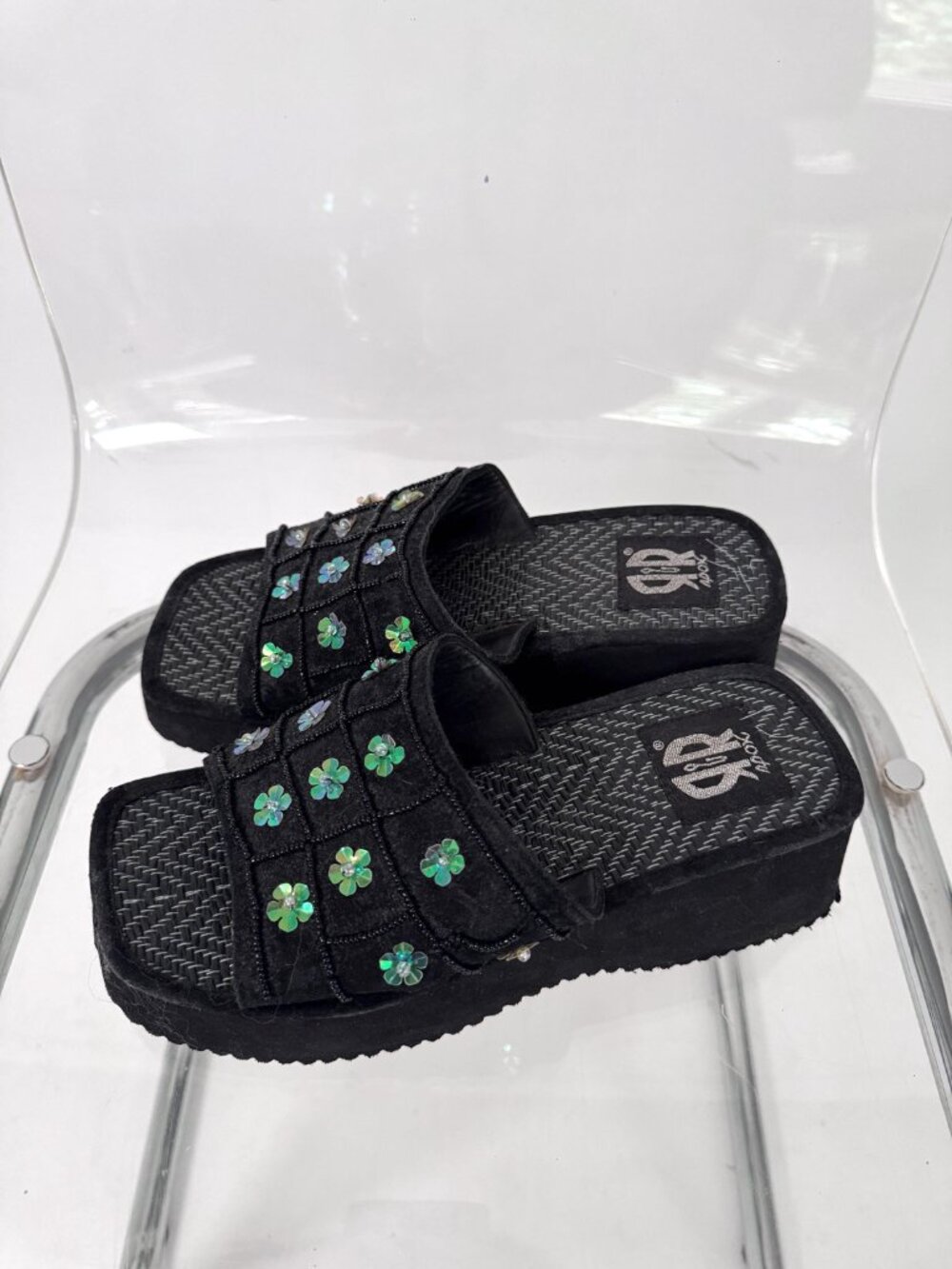Y2K vintage floral sequin beaded chunky platform wedge slide sandals US 8 8.5 - Picture 3 of 7
